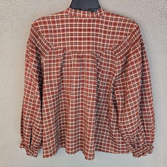 Tresure & Bond Womens Pull Over Top Sz L Rust Plaid Ballon Sleeves Relaxed Fit - Picture 9 of 11